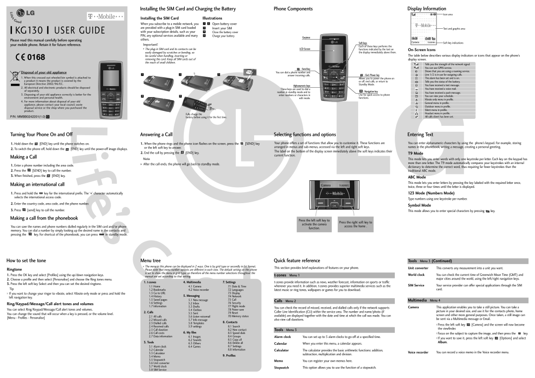 LG Electronics kg130 manual Turning Your Phone On and Off, Making a Call, Making an international call, Answering a Call 