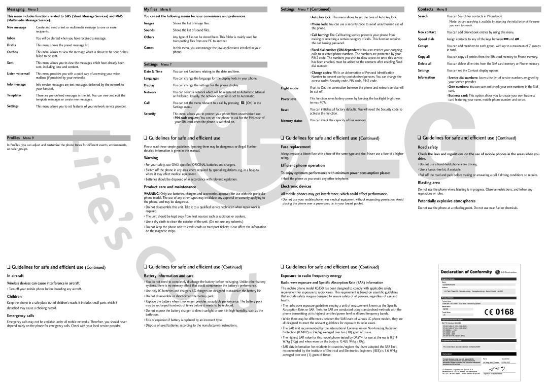 LG Electronics kg130 manual Guidelines for safe and efficient use 