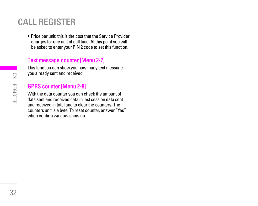 LG Electronics KG190 manual Call Register, Text message counter Menu, Gprs counter Menu 