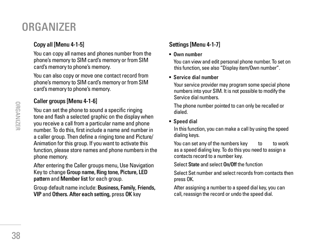 LG Electronics KG190 Organizer, Copy all Menu, Caller groups Menu, Pattern and Member list for each group, Settings Menu 