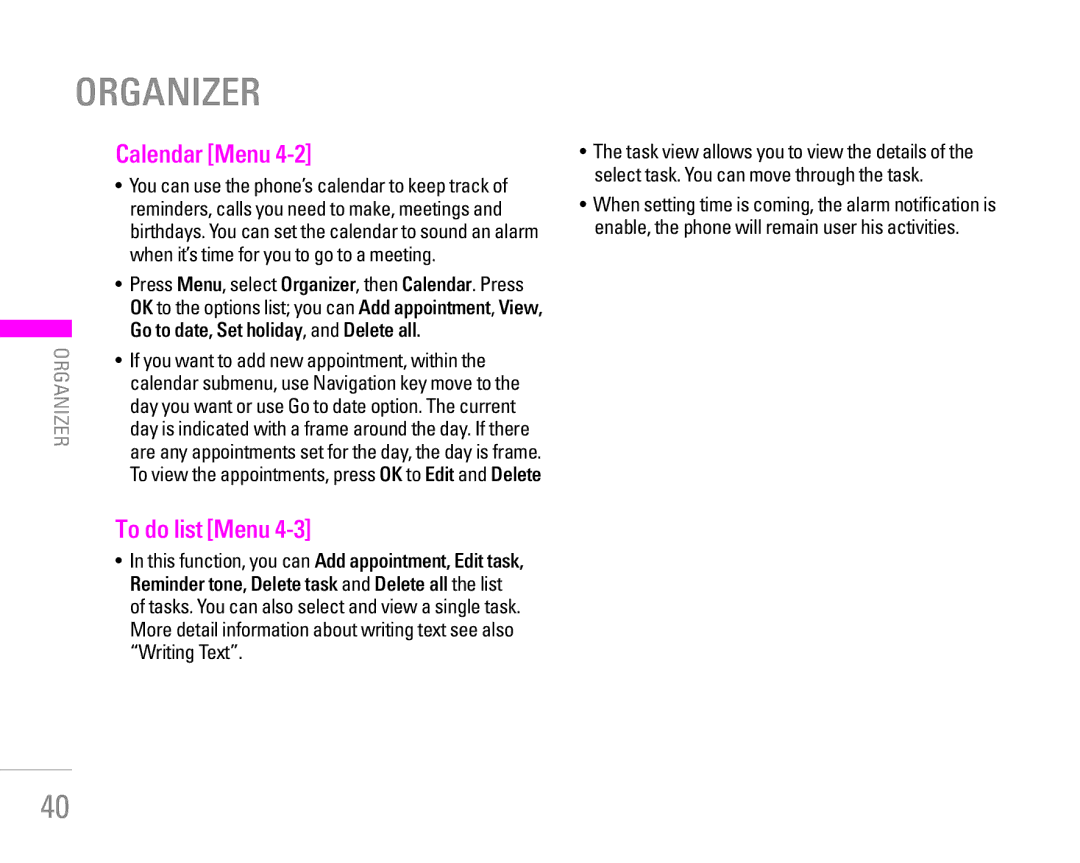 LG Electronics KG190 manual Calendar Menu, To do list Menu, When it’s time for you to go to a meeting 