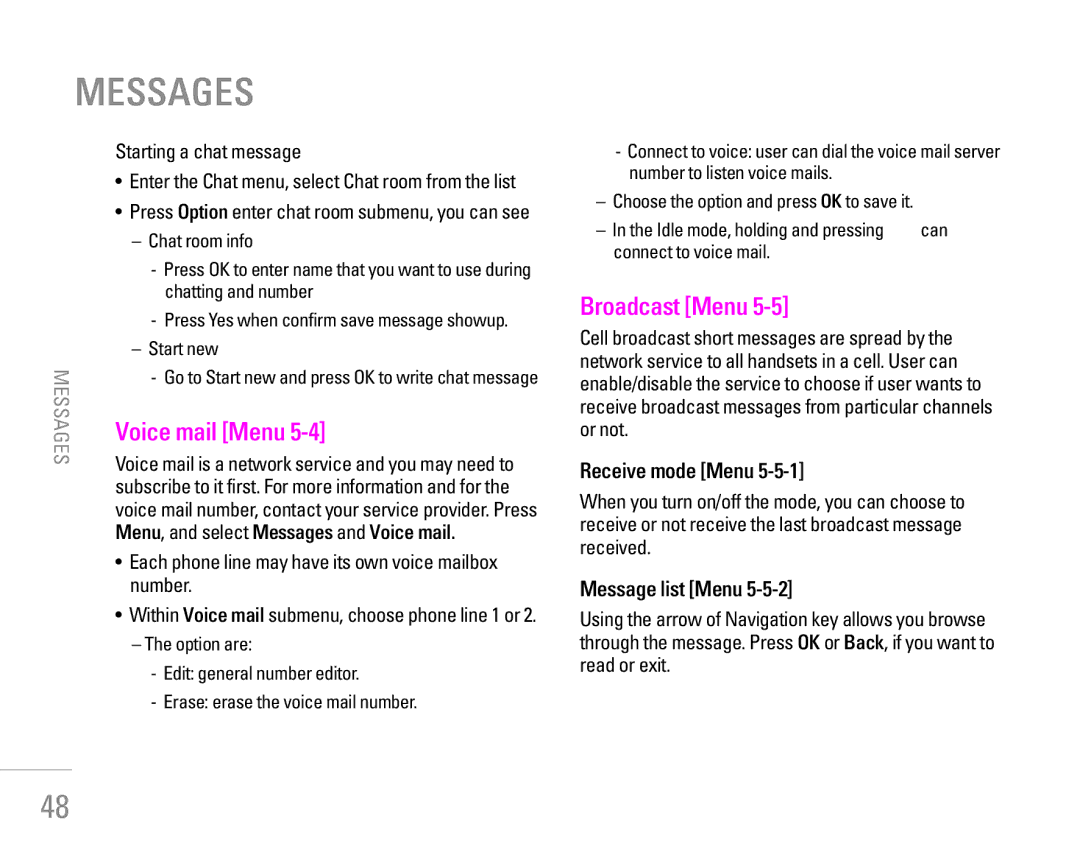 LG Electronics KG190 manual Voice mail Menu, Broadcast Menu, Receive mode Menu, Message list Menu 
