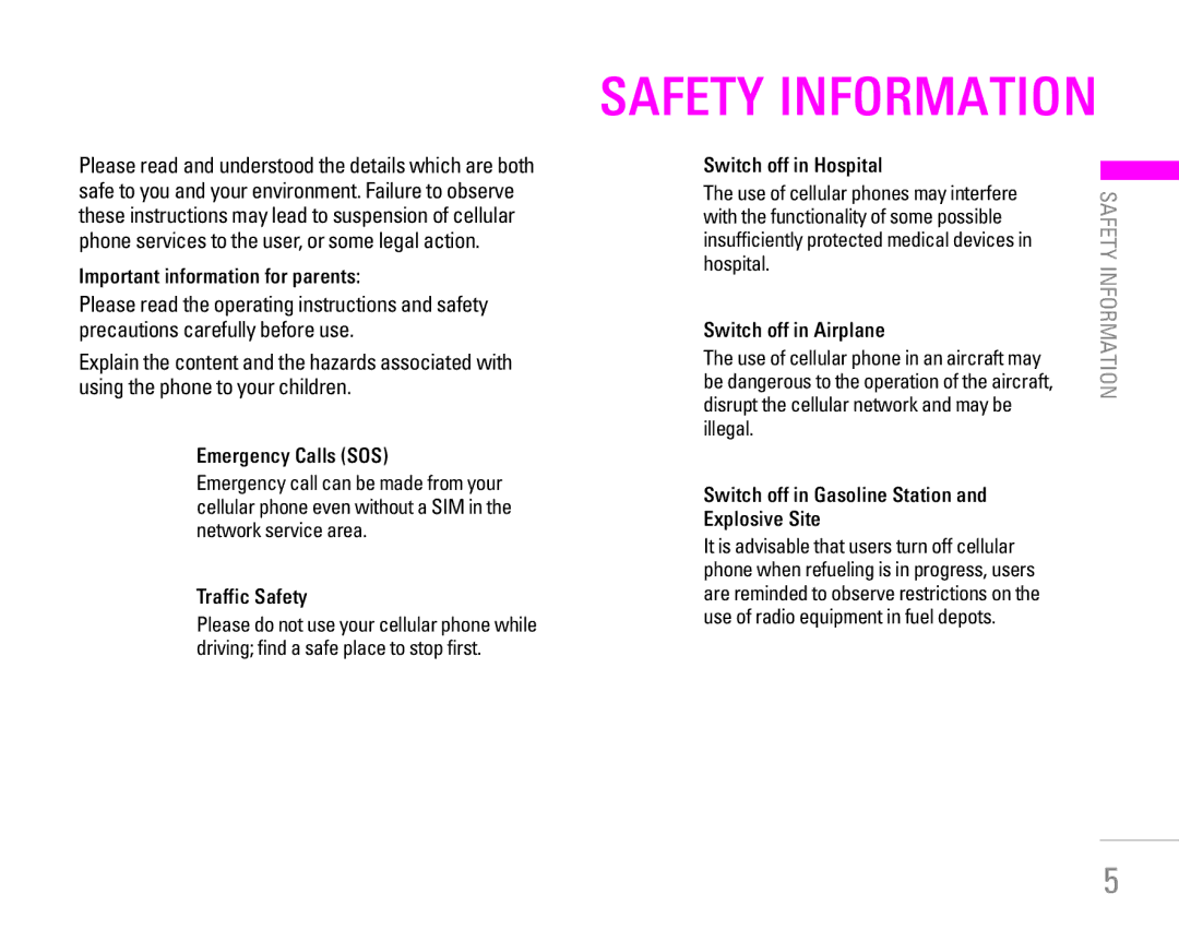 LG Electronics KG190 manual Important information for parents, Emergency Calls SOS, Traffic Safety, Switch off in Hospital 