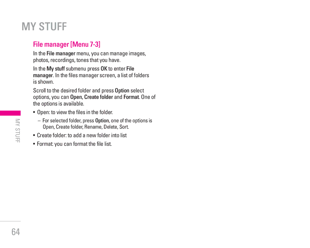 LG Electronics KG190 manual MY Stuff, File manager Menu, Open to view the files in the folder 