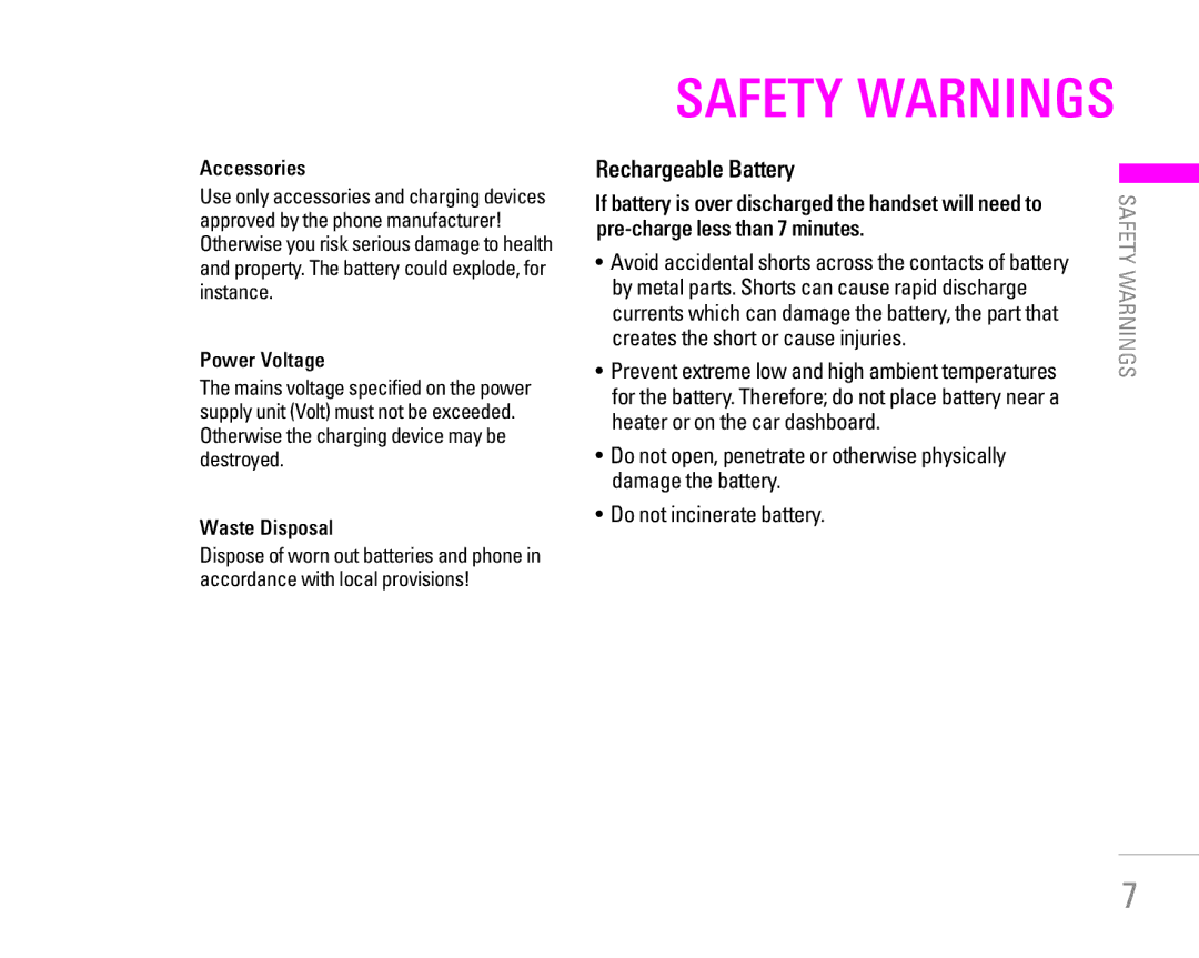 LG Electronics KG190 manual Safety Warnings, Rechargeable Battery, Pre-charge less than 7 minutes 