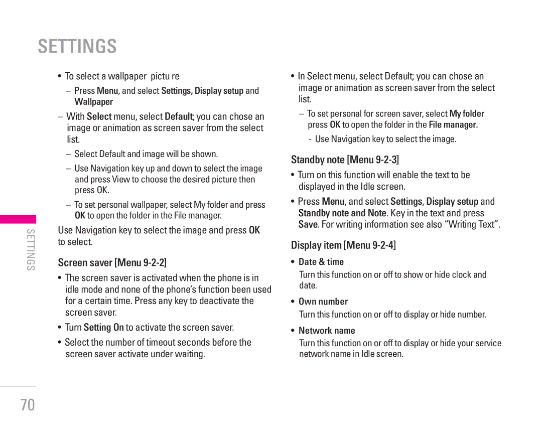 LG Electronics KG190 manual Settings, Screen saver Menu, Standby note Menu, Display item Menu 