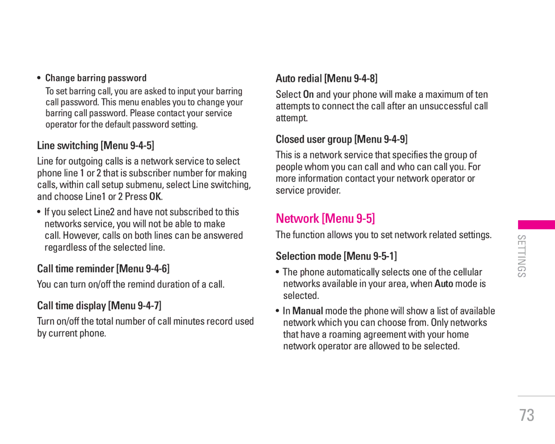 LG Electronics KG190 manual Network Menu 