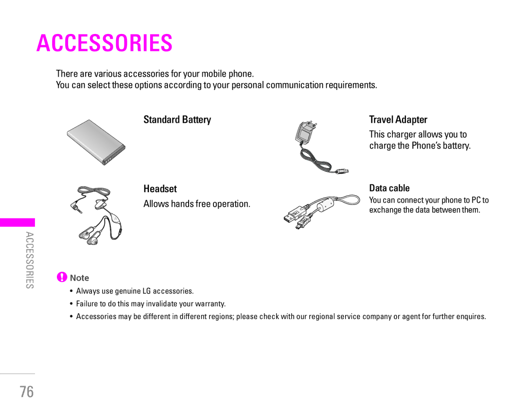 LG Electronics KG190 manual Accessories, Standard Battery Headset, Allows hands free operation, Travel Adapter, Data cable 