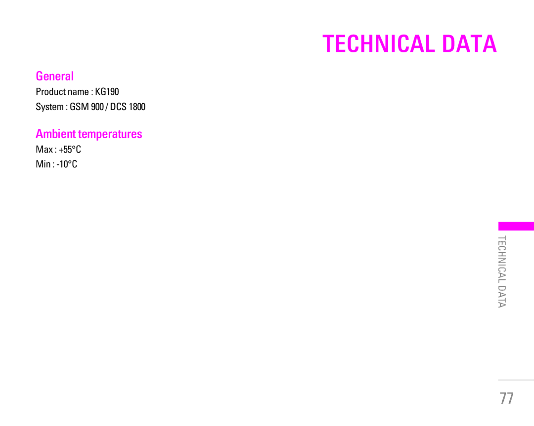 LG Electronics manual Technical Data, General, Ambient temperatures, Product name KG190 System GSM 900 / DCS 