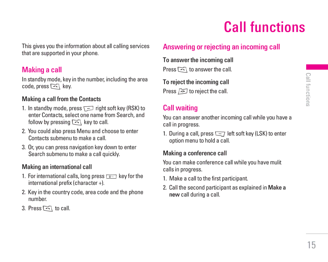 LG Electronics KG200 manual Call functions, Making a call, Answering or rejecting an incoming call, Call waiting 