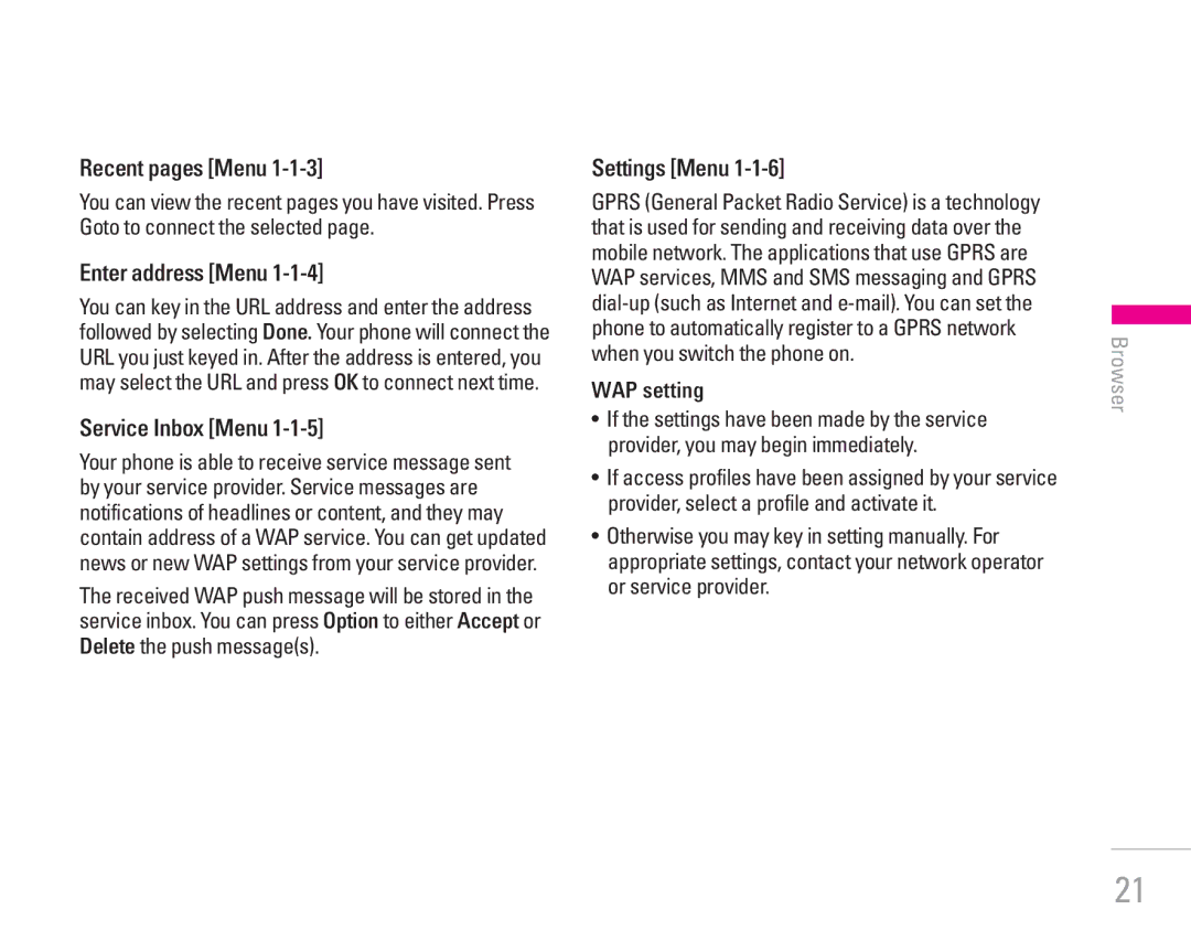 LG Electronics KG200 manual Recent pages Menu, Enter address Menu, Service Inbox Menu, Settings Menu, WAP setting 