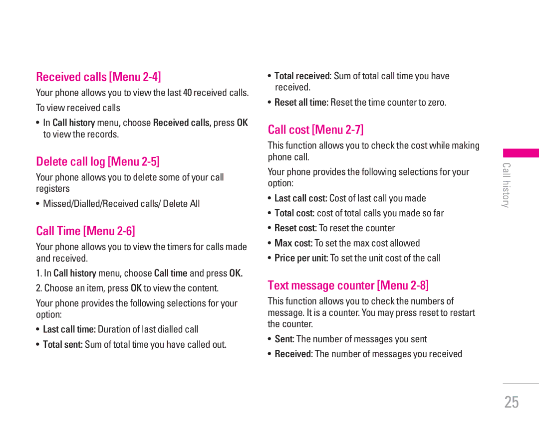 LG Electronics KG200 Received calls Menu, Delete call log Menu, Call Time Menu, Call cost Menu, Text message counter Menu 