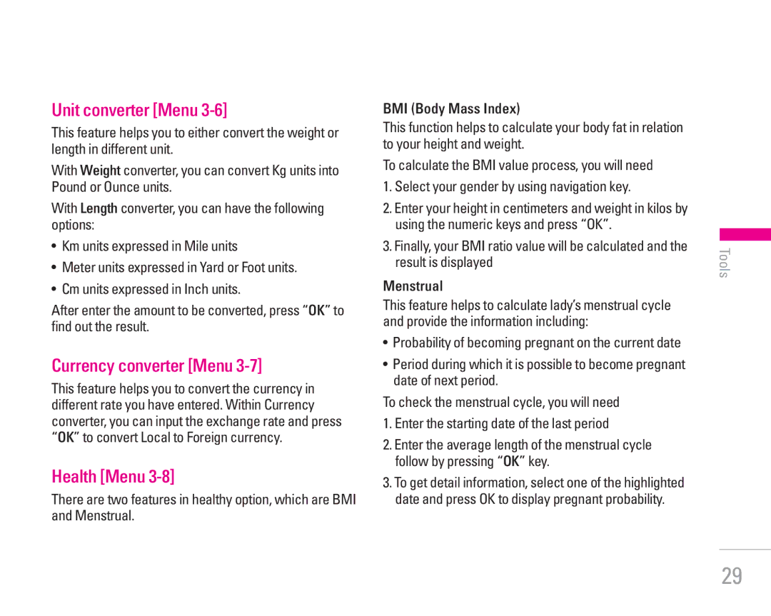 LG Electronics KG200 manual Unit converter Menu, Currency converter Menu, Health Menu, BMI Body Mass Index, Menstrual 