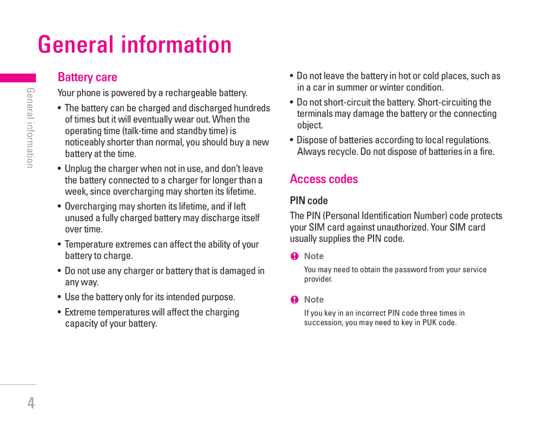 LG Electronics KG200 manual General information, Battery care, Access codes, PIN code 