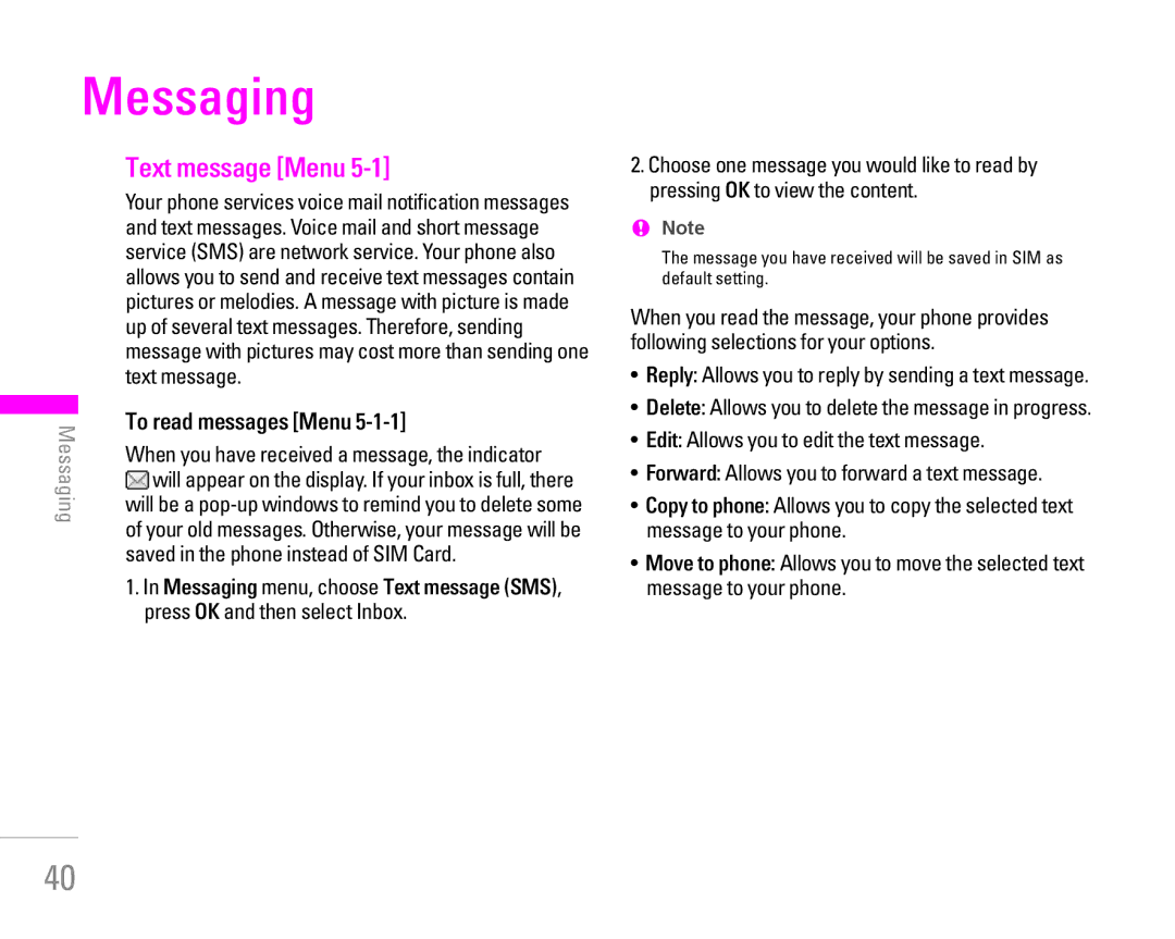 LG Electronics KG200 manual Messaging, Text message Menu, To read messages Menu, Saved in the phone instead of SIM Card 