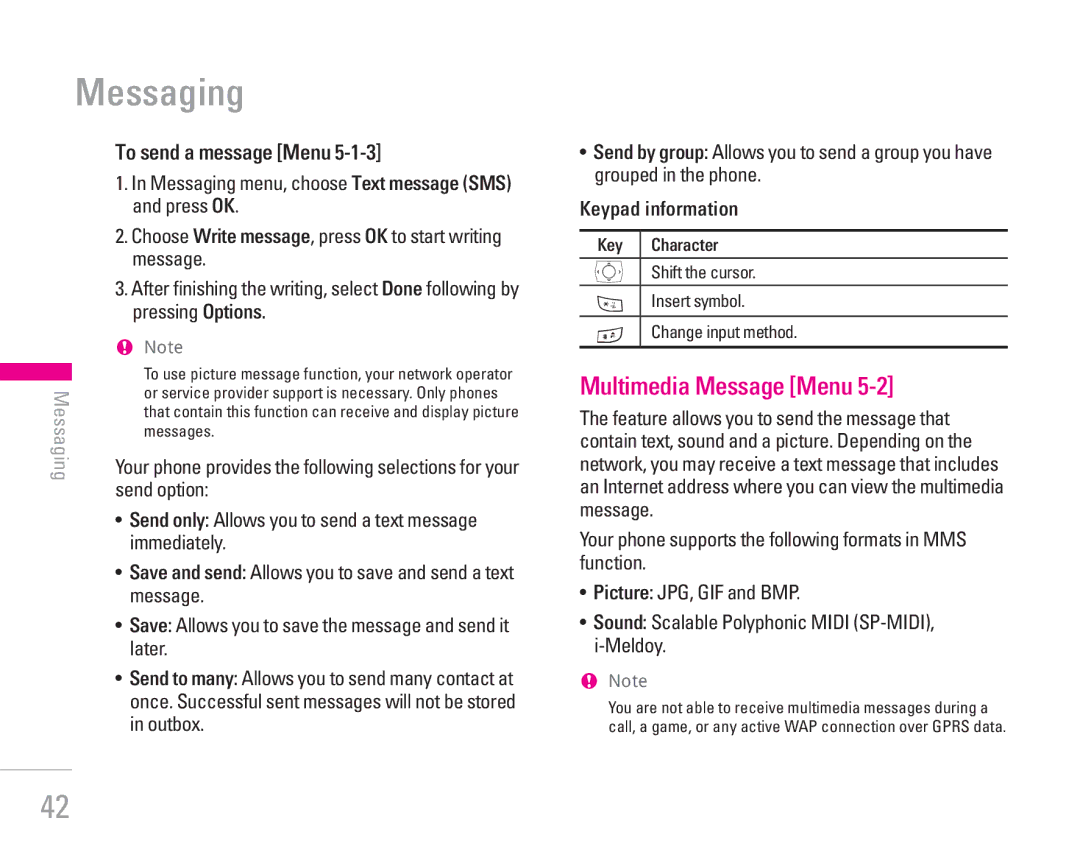 LG Electronics KG200 manual Messaging, Multimedia Message Menu, To send a message Menu, Keypad information 