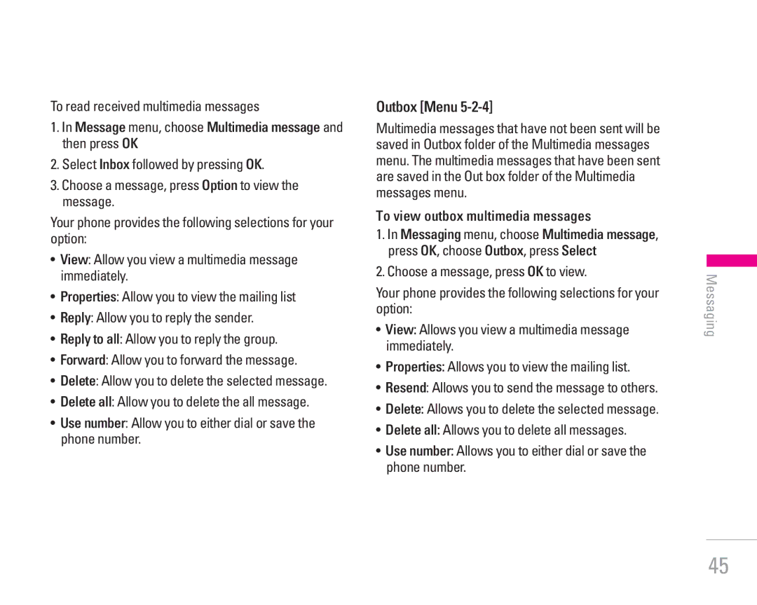 LG Electronics KG200 manual To read received multimedia messages, Message menu, choose Multimedia message and then press OK 