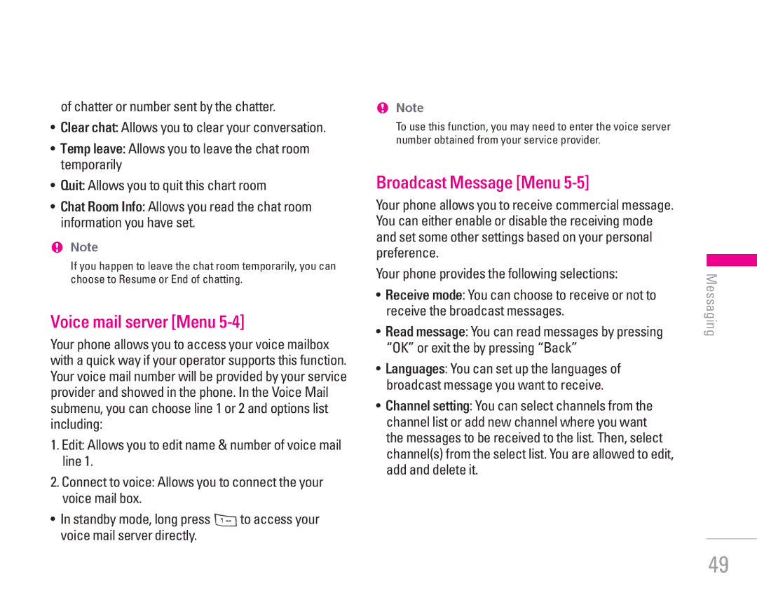 LG Electronics KG200 manual Voice mail server Menu, Broadcast Message Menu, Chatter or number sent by the chatter 