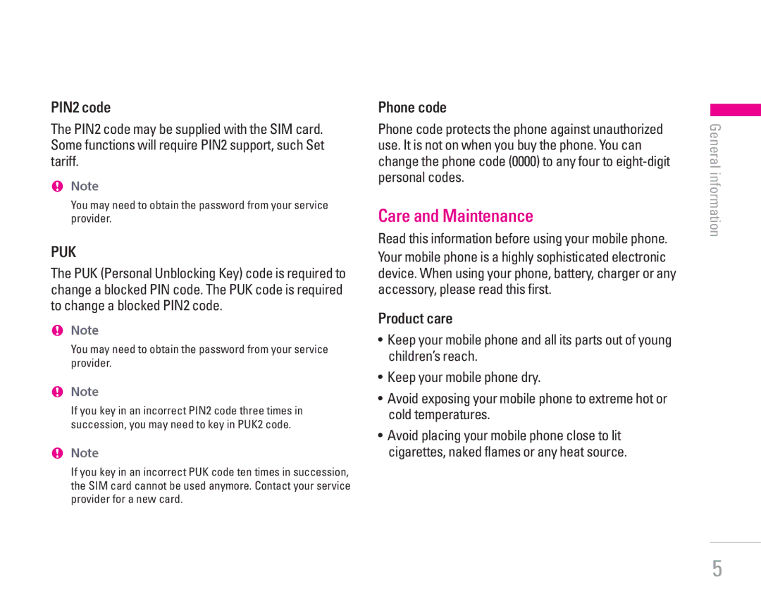 LG Electronics KG200 manual Care and Maintenance, PIN2 code, Phone code, Product care 