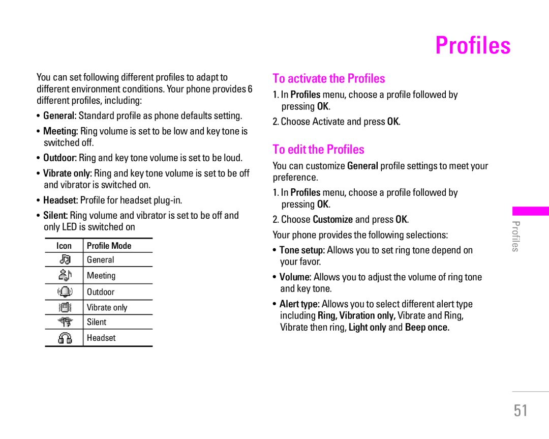 LG Electronics KG200 manual To activate the Profiles, To edit the Profiles, Choose Customize and press OK 