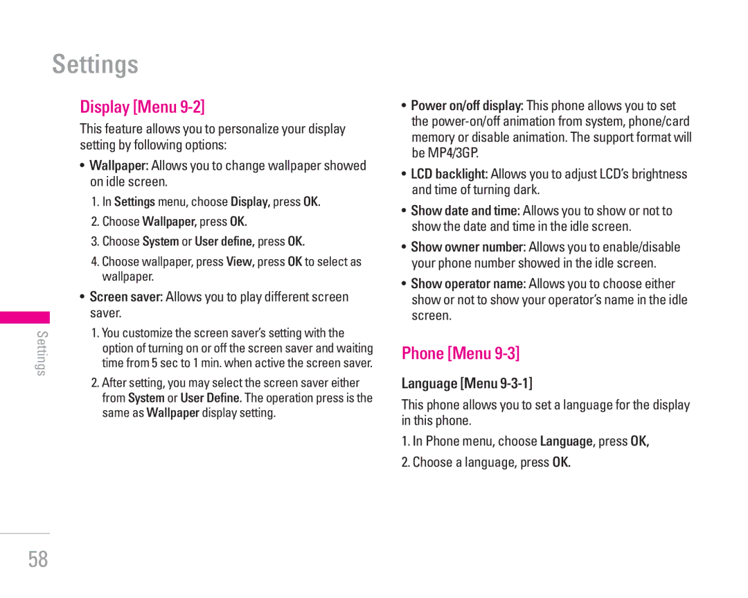 LG Electronics KG200 manual Settings, Display Menu, Phone Menu, Saver, Language Menu 