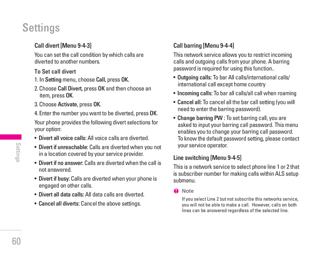 LG Electronics KG200 manual Call divert Menu, To Set call divert, Call barring Menu, Line switching Menu 
