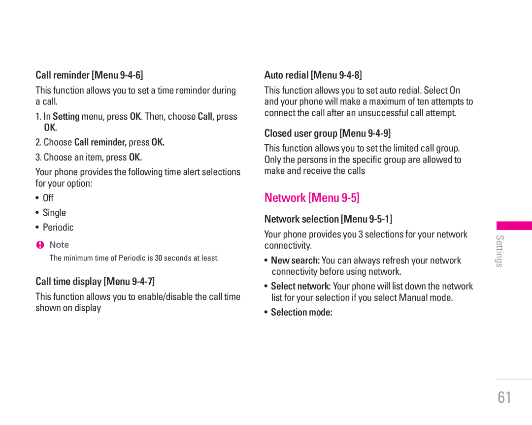 LG Electronics KG200 manual Network Menu 