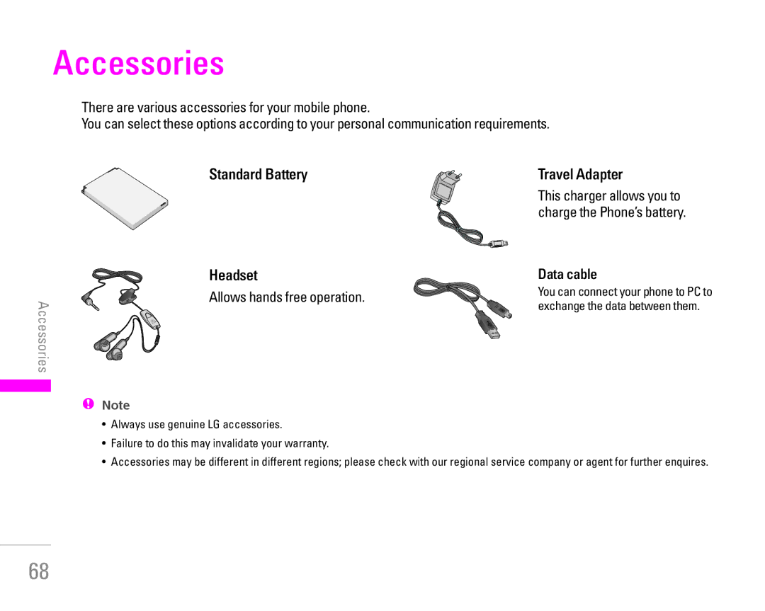 LG Electronics KG200 manual Accessories, Standard Battery Headset, Allows hands free operation, Travel Adapter, Data cable 