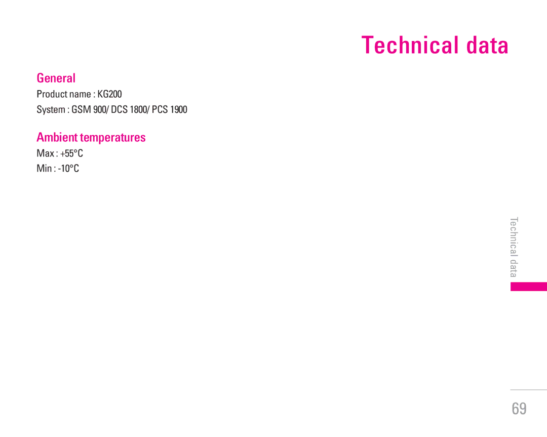 LG Electronics manual Technical data, General, Ambient temperatures, Product name KG200 System GSM 900/ DCS 1800/ PCS 