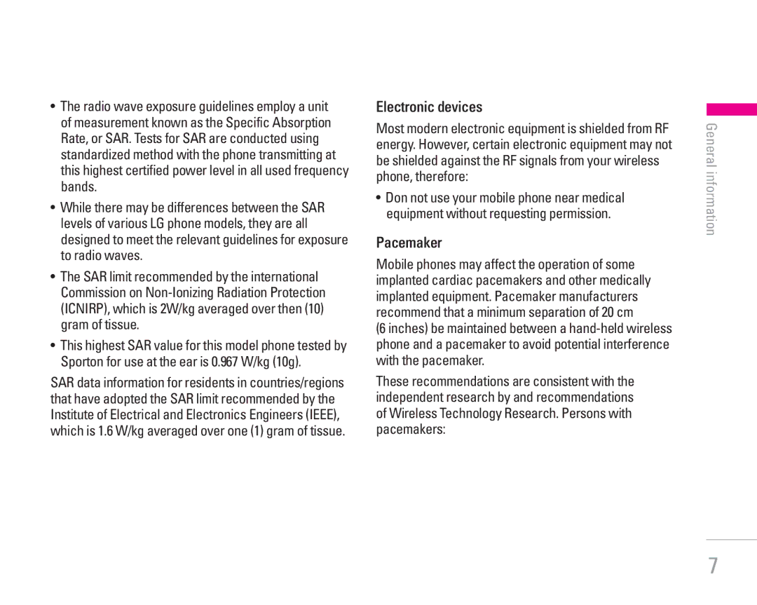 LG Electronics KG200 manual Electronic devices, Pacemaker 