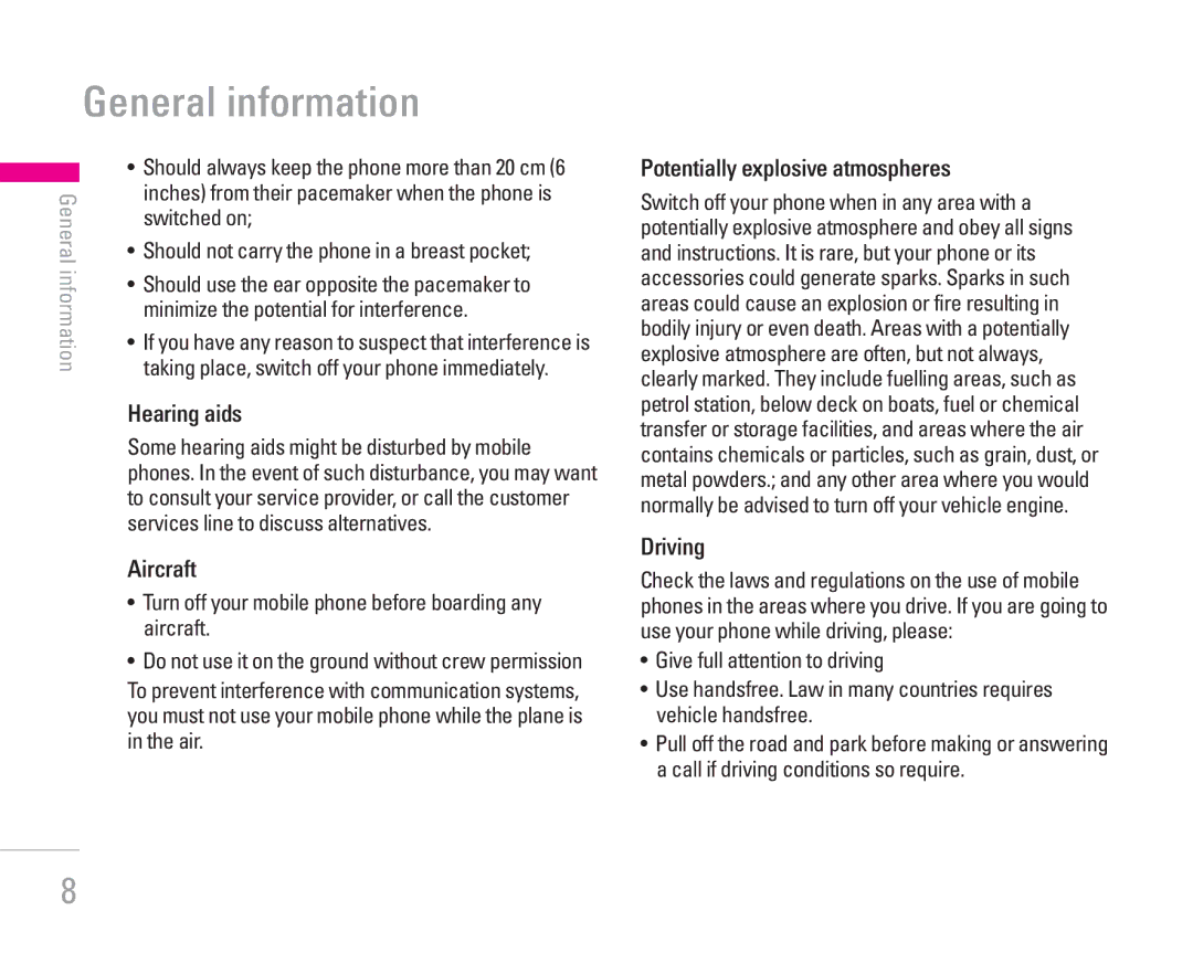 LG Electronics KG200 manual Hearing aids, Aircraft, Potentially explosive atmospheres, Driving 