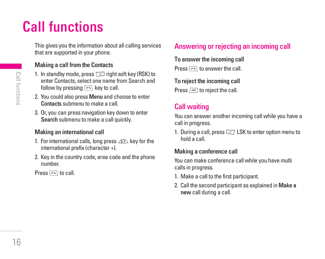 LG Electronics KG300 manual Call functions, Answering or rejecting an incoming call, Call waiting 