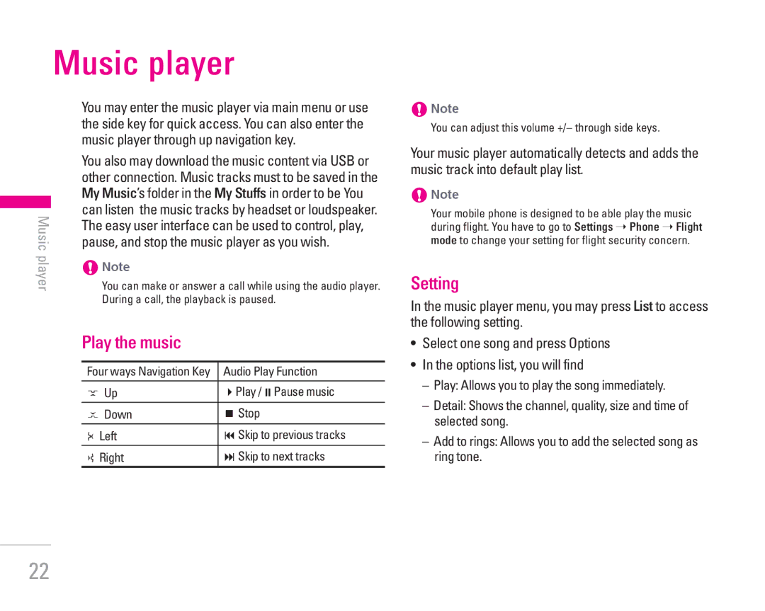 LG Electronics KG300 manual Music player, Play the music, Setting, Pause, and stop the music player as you wish 