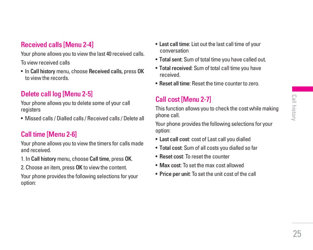 LG Electronics KG300 manual Received calls Menu, Delete call log Menu, Call time Menu, Call cost Menu 