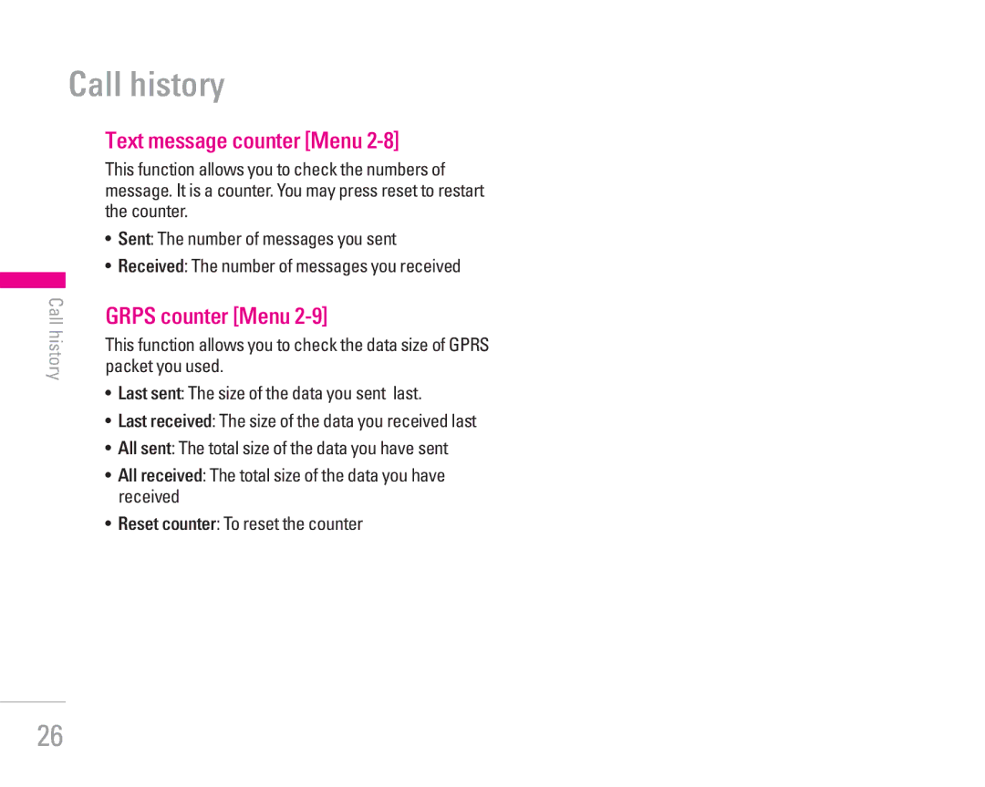 LG Electronics KG300 manual Call history, Text message counter Menu, Grps counter Menu 