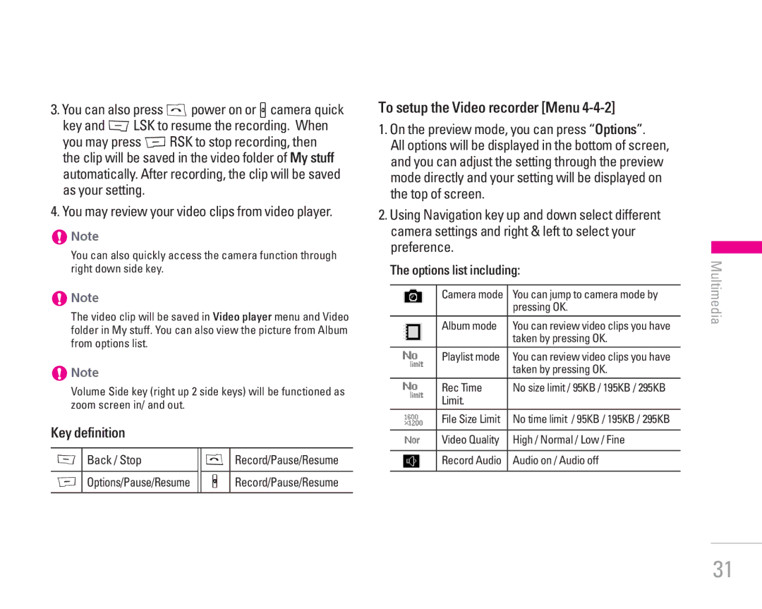 LG Electronics KG300 manual Key definition, To setup the Video recorder Menu, On the preview mode, you can press Options 