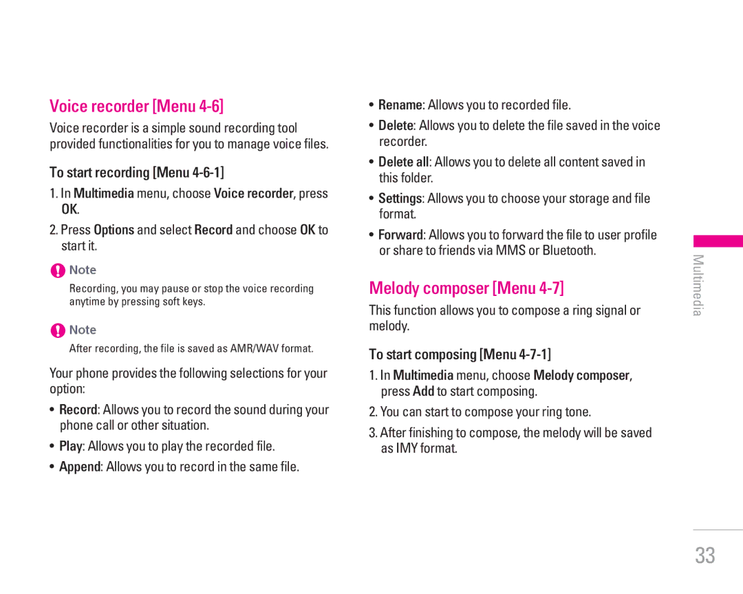 LG Electronics KG300 Voice recorder Menu, Melody composer Menu, Press Options and select Record and choose OK to start it 