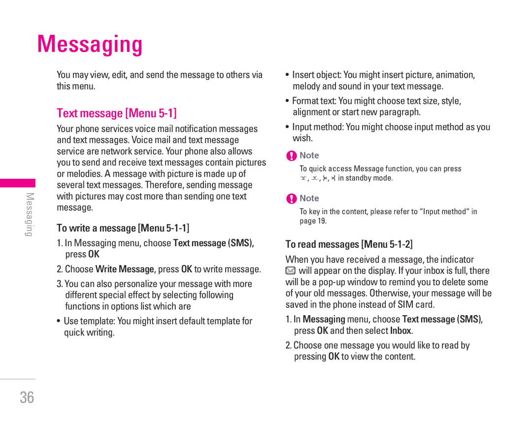 LG Electronics KG300 manual Messaging, Text message Menu, To write a message Menu, To read messages Menu 