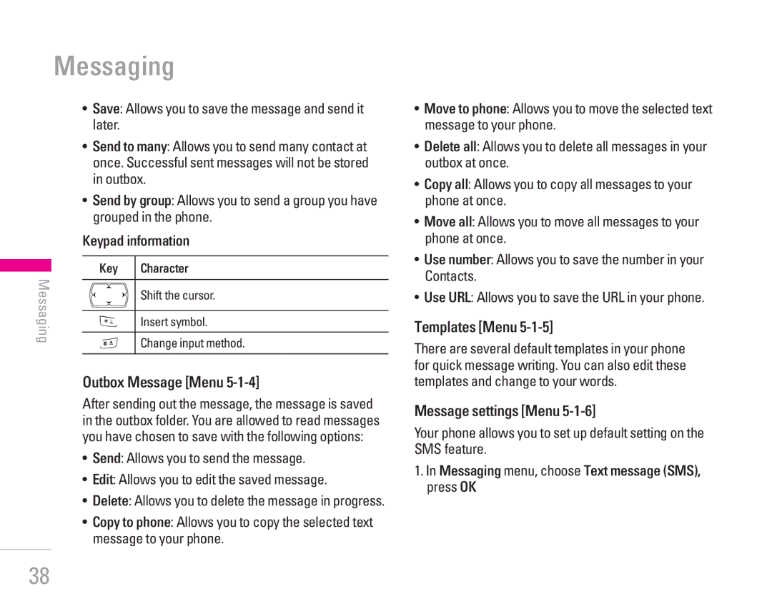 LG Electronics KG300 manual Messaging, Keypad information, Outbox Message Menu, Templates Menu, Message settings Menu 