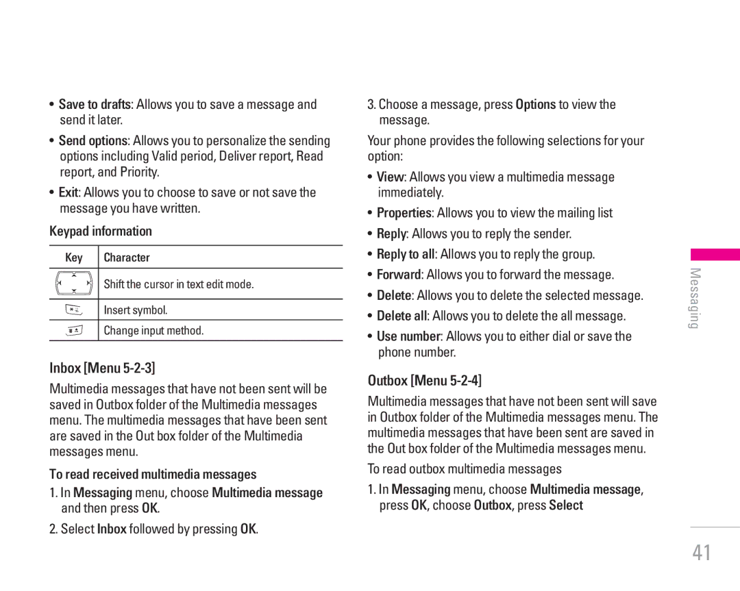 LG Electronics KG300 Inbox Menu, To read received multimedia messages, Outbox Menu, To read outbox multimedia messages 