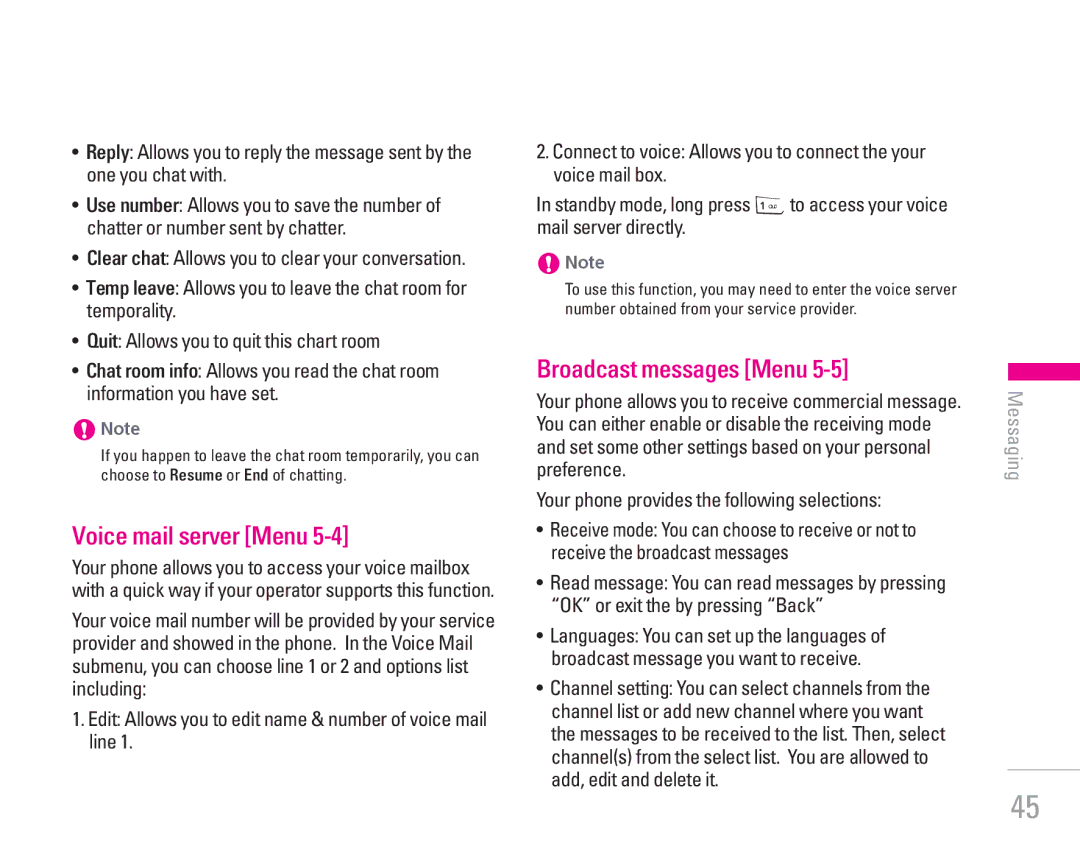 LG Electronics KG300 Voice mail server Menu, Broadcast messages Menu, Clear chat Allows you to clear your conversation 