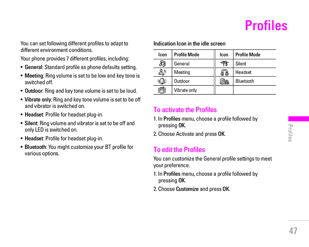 LG Electronics KG300 manual To edit the Profiles, Your phone provides 7 different profiles, including 