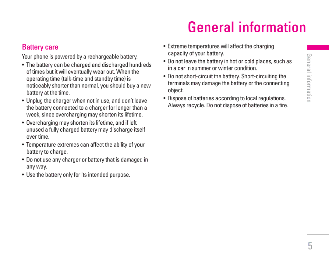 LG Electronics KG300 manual General information, Battery care, Capacity of your battery 