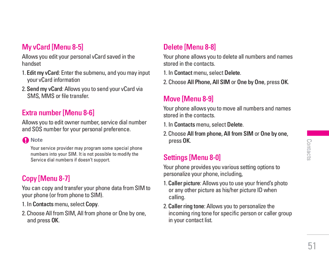 LG Electronics KG300 manual My vCard Menu, Extra number Menu, Copy Menu, Delete Menu, Move Menu, Settings Menu 