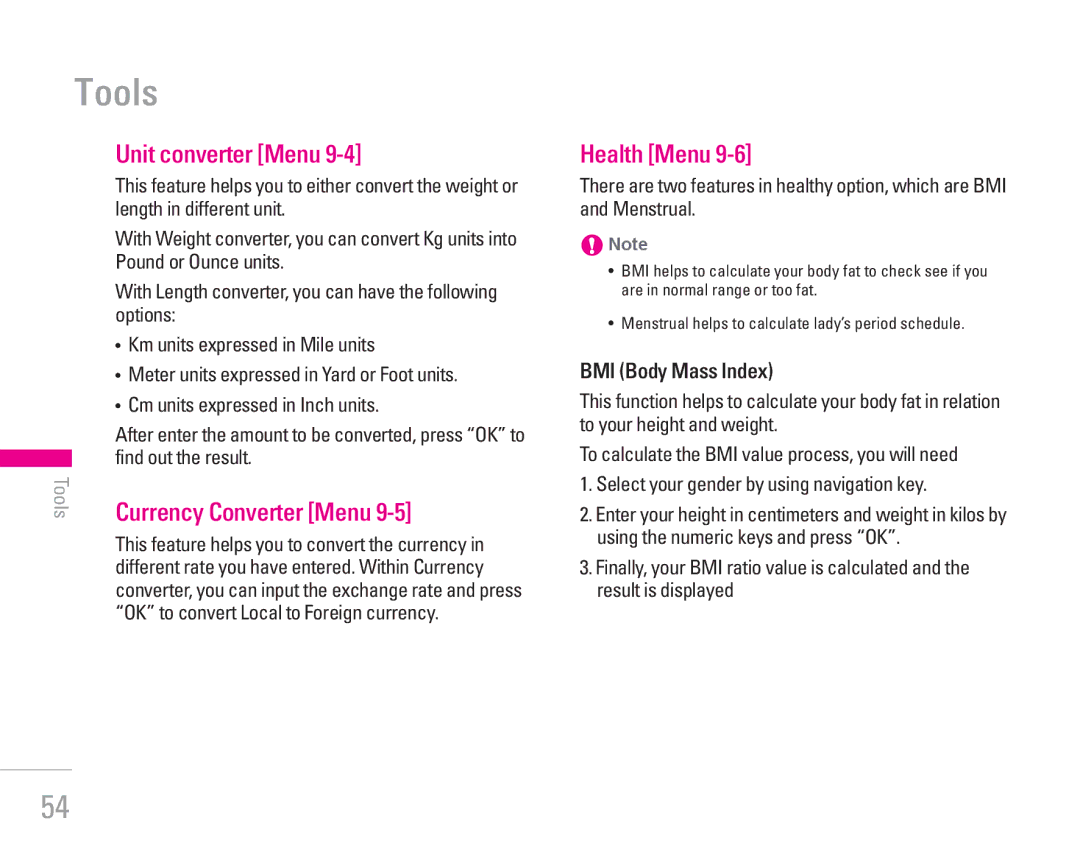 LG Electronics KG300 manual Tools, Unit converter Menu, Currency Converter Menu, Health Menu, BMI Body Mass Index 