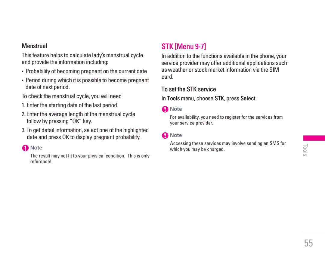 LG Electronics KG300 manual STK Menu, Menstrual, To set the STK service, Tools menu, choose STK, press Select 