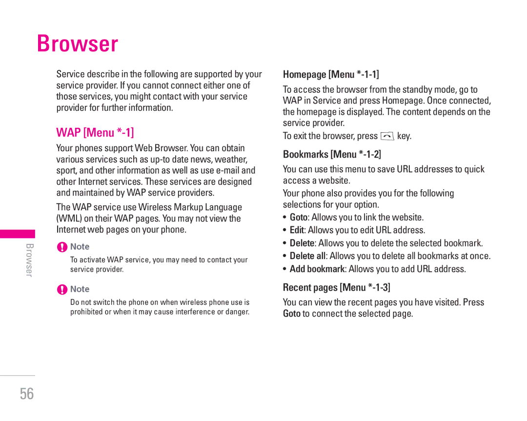 LG Electronics KG300 manual Browser, WAP Menu *-1, Homepage Menu *-1-1, Bookmarks Menu *-1-2, Recent pages Menu *-1-3 