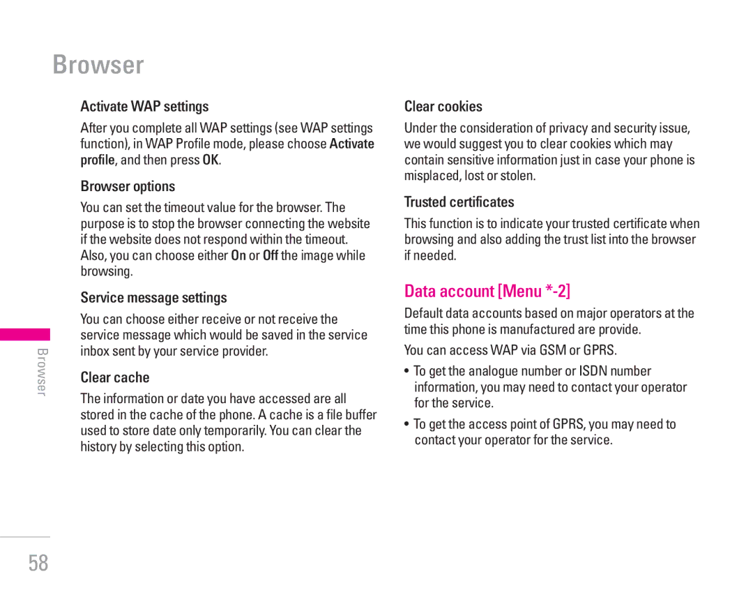 LG Electronics KG300 manual Browser, Data account Menu *-2 