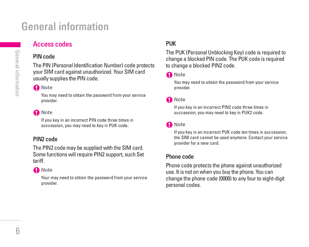 LG Electronics KG300 manual General information, Access codes, PIN code, PIN2 code, Phone code 