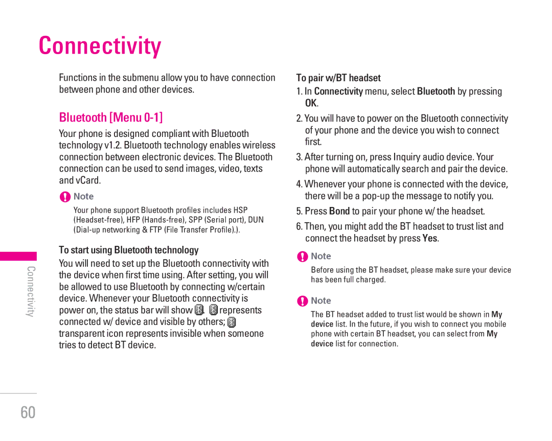 LG Electronics KG300 manual Connectivity, Bluetooth Menu, To pair w/BT headset 